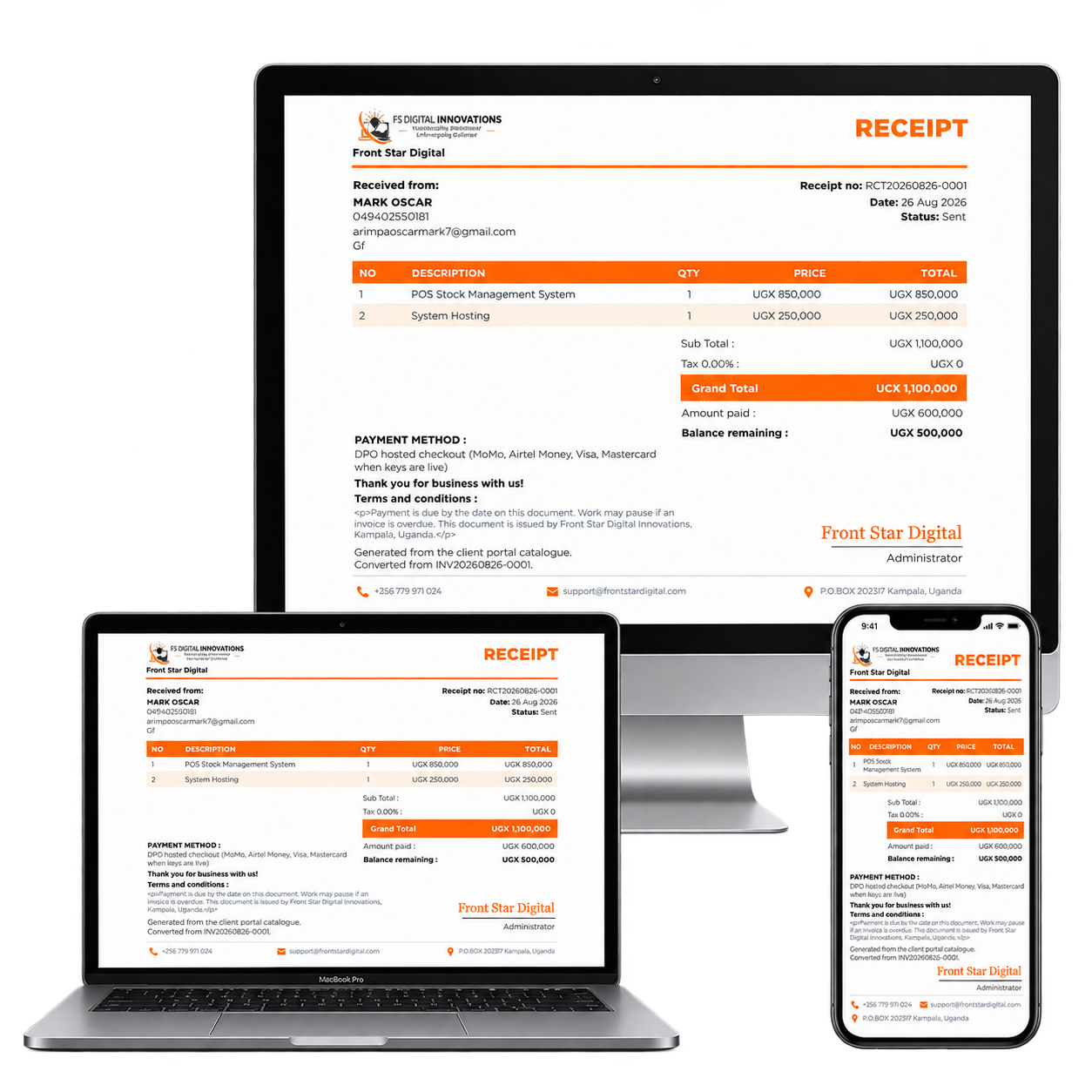 A Vellisys receipt on desktop, laptop and phone